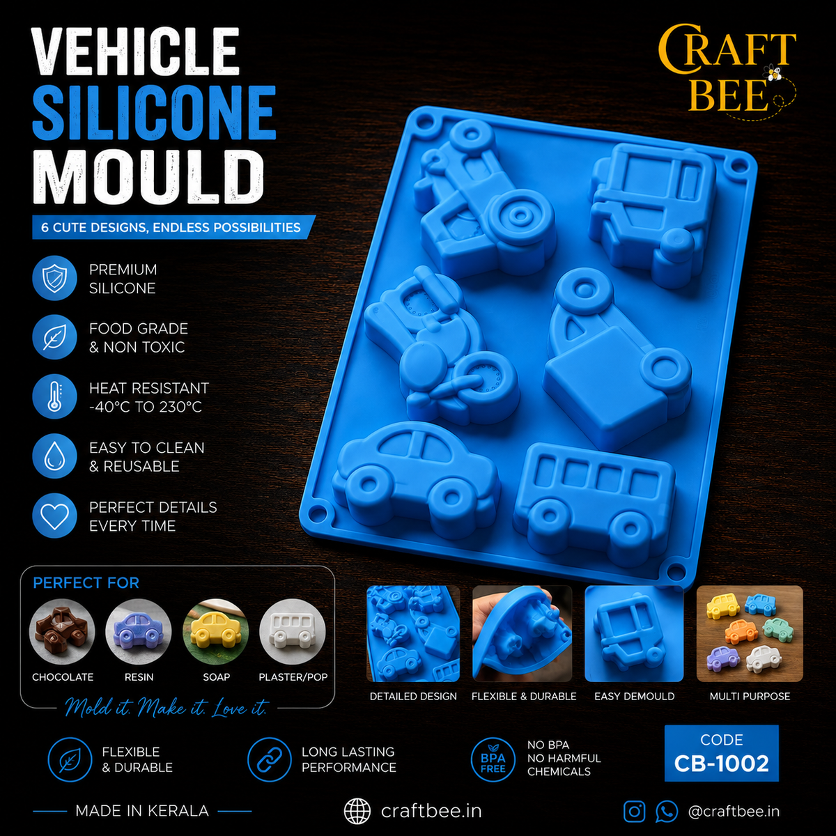 Craft Bee Premium Vehicle Silicone Mould – 6 Cavity Car, Bus & Construction Vehicle Resin, POP, Soap & Chocolate Mold | CB-1004