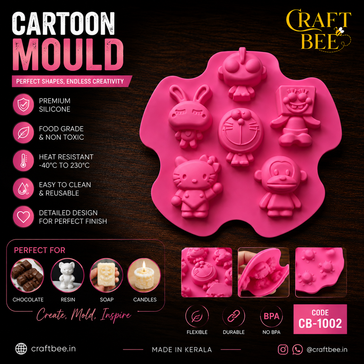 Craft Bee Premium Cartoon Silicone Mould – 6 Cavity DIY Resin, Soap, Chocolate & Clay Casting Mold | CB-1003